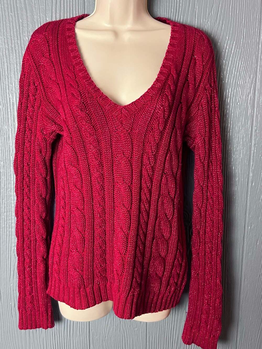Lauren Ralph Lauren Sweater Med Red Cable Knit V-Neck Metallic Sparkle Cotton